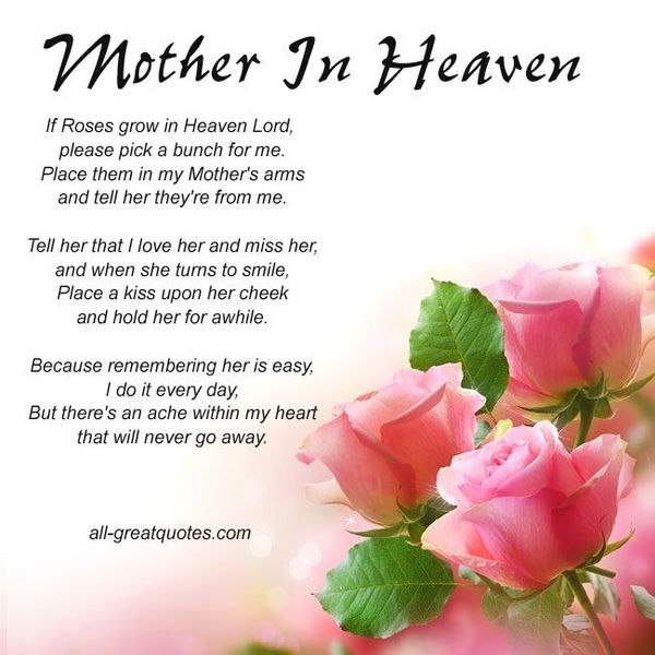 Mother in heaven if roses grow in heaven lord, pleae pick a bunch for me. Place them in my mother`s arms and tell her they`re from me.