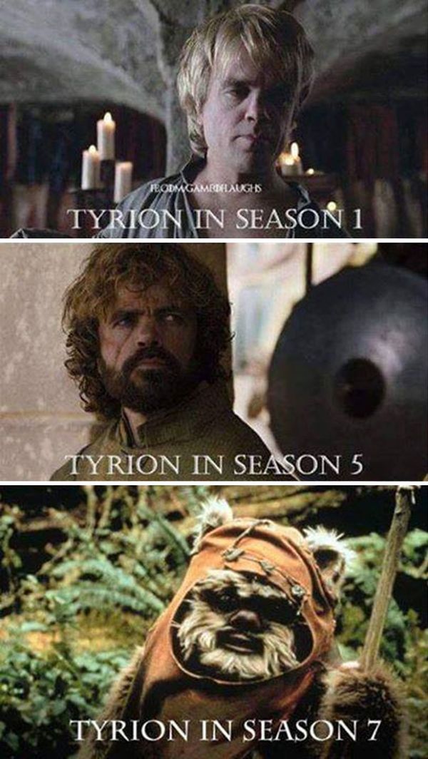 Tyrion in season 1. Tyrion in season 5. Tyrion in season 7.